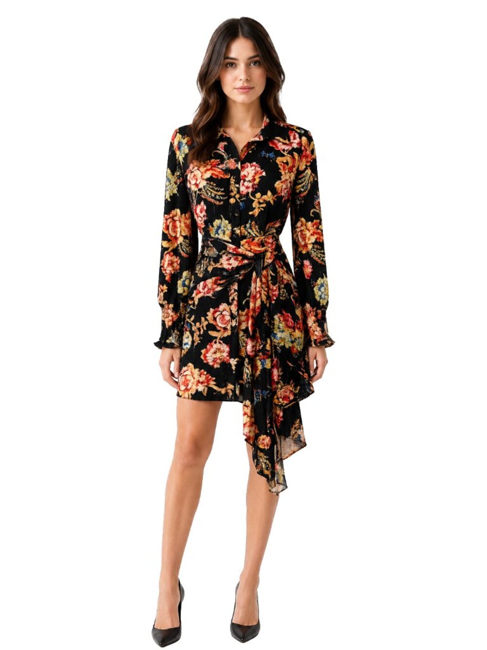 ELLIATT XS Black Floral Wrap Shirt Dress Long Sleeve Boho Cottagecore Chic